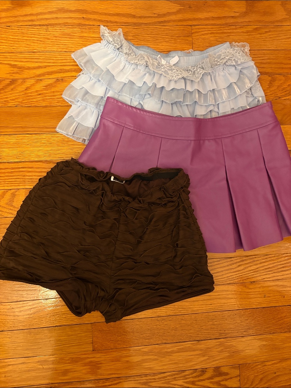 SHEIN Purple Pleated Skort with Light Blue Ruffle Top and Black Ruffle Shorts